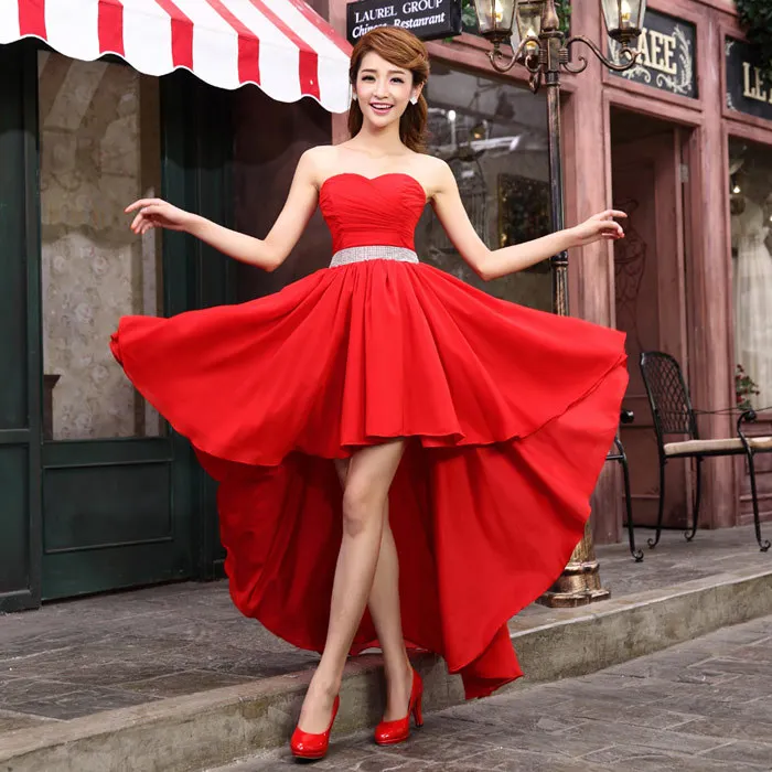 Ladybeauty Лучшая Кристальные пояса без рукавов плиссированные шифоновые короткие спереди длинные сзади бандажные вечерние платья - Цвет: Красный