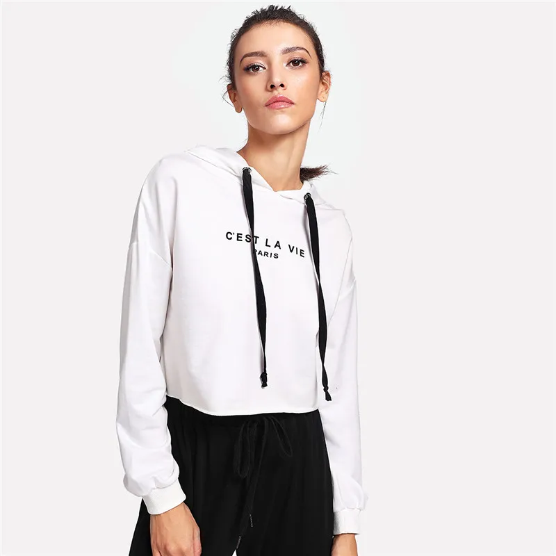SweatyRocks белая укороченная толстовка с заниженным плечом, женские повседневные пуловеры с буквенным принтом и длинным рукавом, толстовка, Осенний Топ