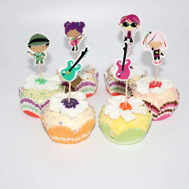 24Pcs Guitar Bass Rock Boy And Girl Cupcake Toppers Cartoon Cake Decorations For Wedding Kids Birthday Party Supplies | Дом и сад