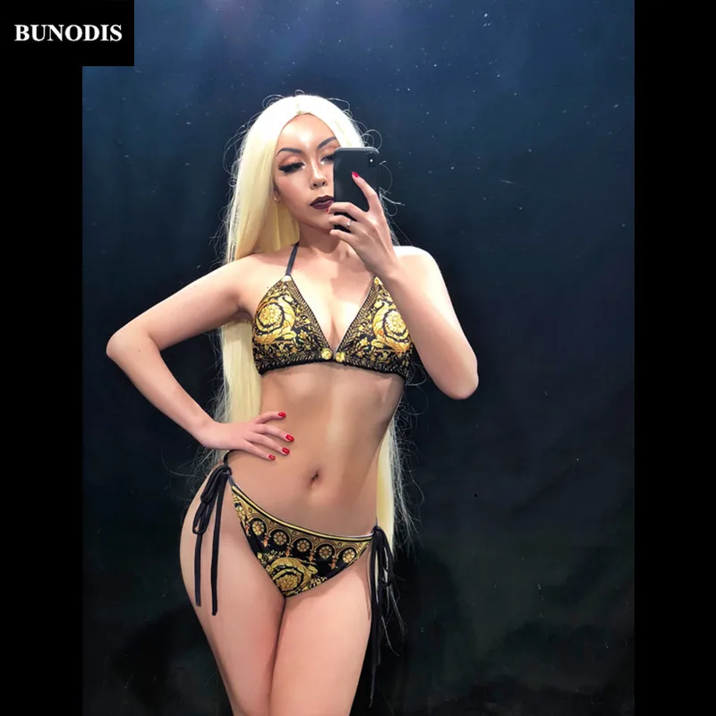 BU187 золото с цветочным принтом бикини + пальто для женщин пикантные Bling костюмы