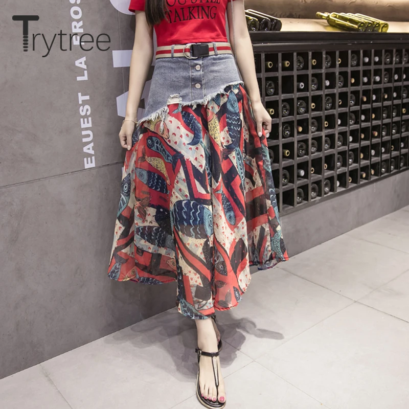 Trytree/Летняя асимметричная джинсовая Лоскутная шифоновая юбка с принтом и поясом