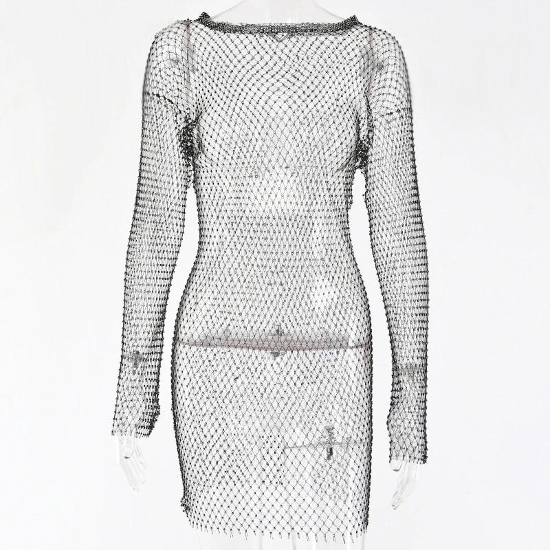 Sexy Hollow Out Club Dress Short Black White Long Sleeve See Through Summer Beach Party Dresses | Женская одежда