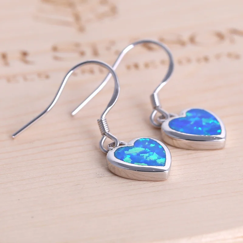 Anniversary Fire Blue opal heart shape drop Earrings 925 sterling silver jewelry for girl SE006A | Украшения и аксессуары