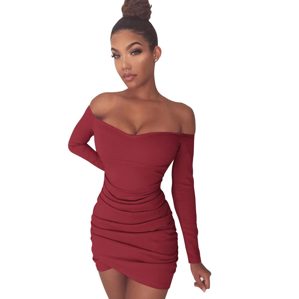 

Wavaiov Summer Women Dress 3 Color Solid Women Off The Shoulder Sexy Tight Short Dress Long Sleeves Slim Women'S Party Dress