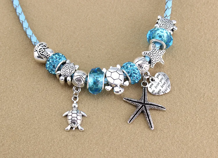 Женские серебряные подвески pandora браслет Многослойный кожаный Синий Кристалл DIY