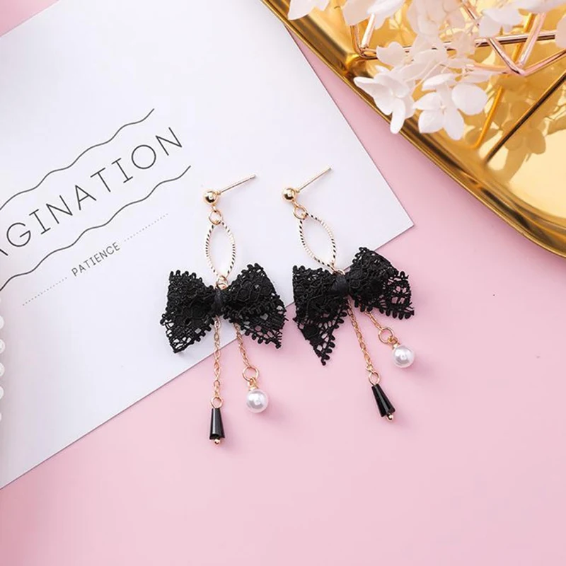 Fashion Sweet Cute Lace Bow-knot Tassel Pearl Earrings Jewelry Crystal Earring For Women Female | Украшения и аксессуары
