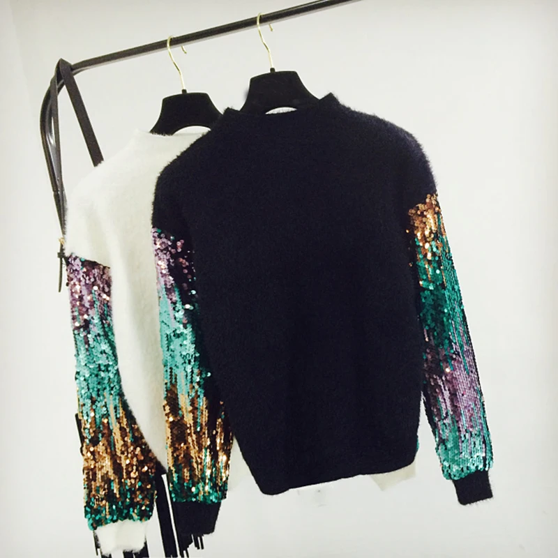 JOYDU 2018 Korean Winter Lady's Sweater Sequins Long Sleeve Patchwork Pullover Fashion Mohair Turtleneck Knitted Sweaters Women | Женская