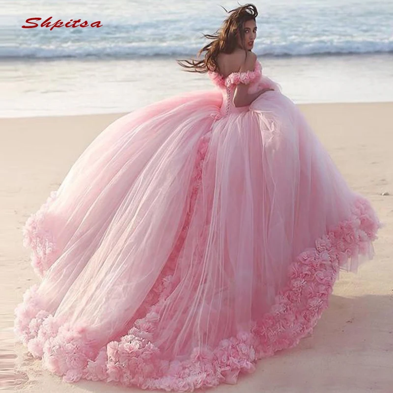 Бальное платье Quinceanera с открытыми плечами из фатина для выпускного вечера