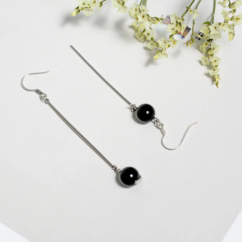 Реальные 925 стерлингового серебра серьги в виде капель с черного шара камень агат