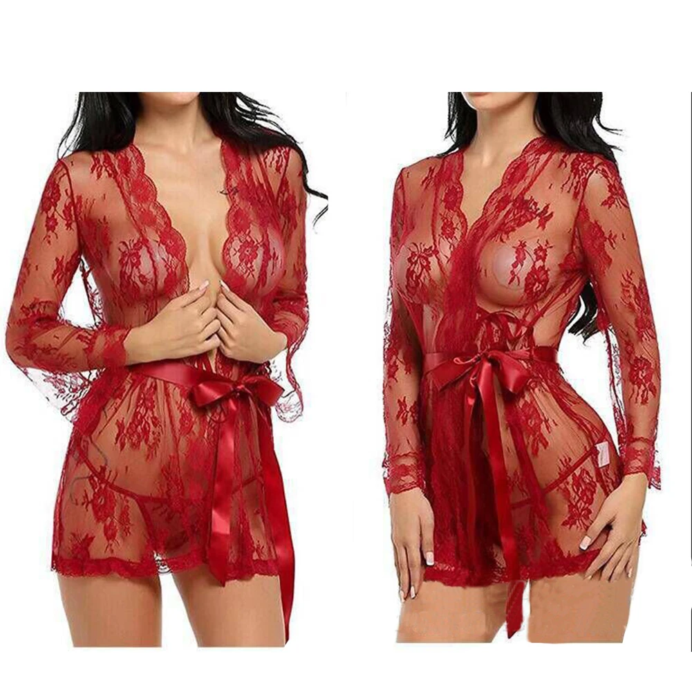 Женская сексуальная Шелковая пижама Babydoll, Кружевная Сетка, перспективный халат, длинный рукав, v-образный вырез, сплошной цвет, простой тонкий пояс, сексуальная пижама