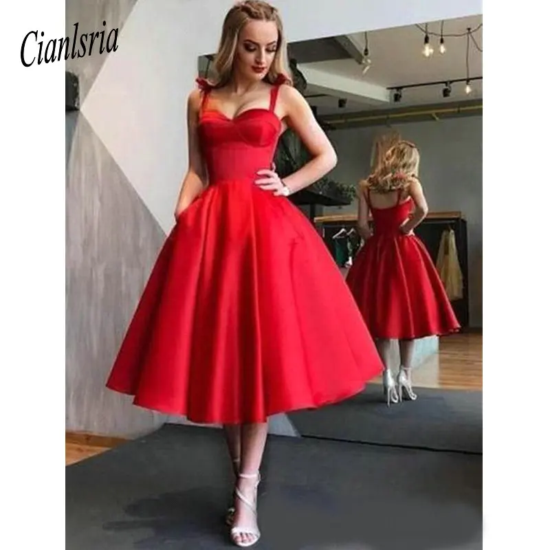 

New Design Pretty Red Homecoming Dresses Sweetheart Neck Spaghetti Tea Length Girls Evening Party Dresses Cocktail Dress