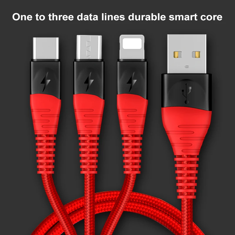 2 цвета черный + красный 3 в 1 USB кабель для iPhone 12 11 Pro Micro Тип C 2.4A провод Xiaomi Samsung S9