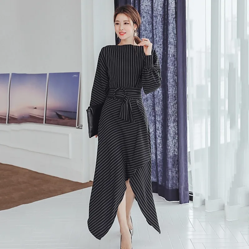 Black Dress CHCIEVER полосатые платья для женщин с круглым вырезом и рукавами-фонариками Высокая талия Бандажное асимметричное элегантное платье Женская корейская мода - Цвет: Black Dress