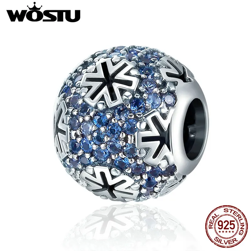 WOSTU Настоящее серебро 925 пробы Рождество Снежинка синий CZ Бусины Подходят браслет DIY Ювелирные изделия FIC402