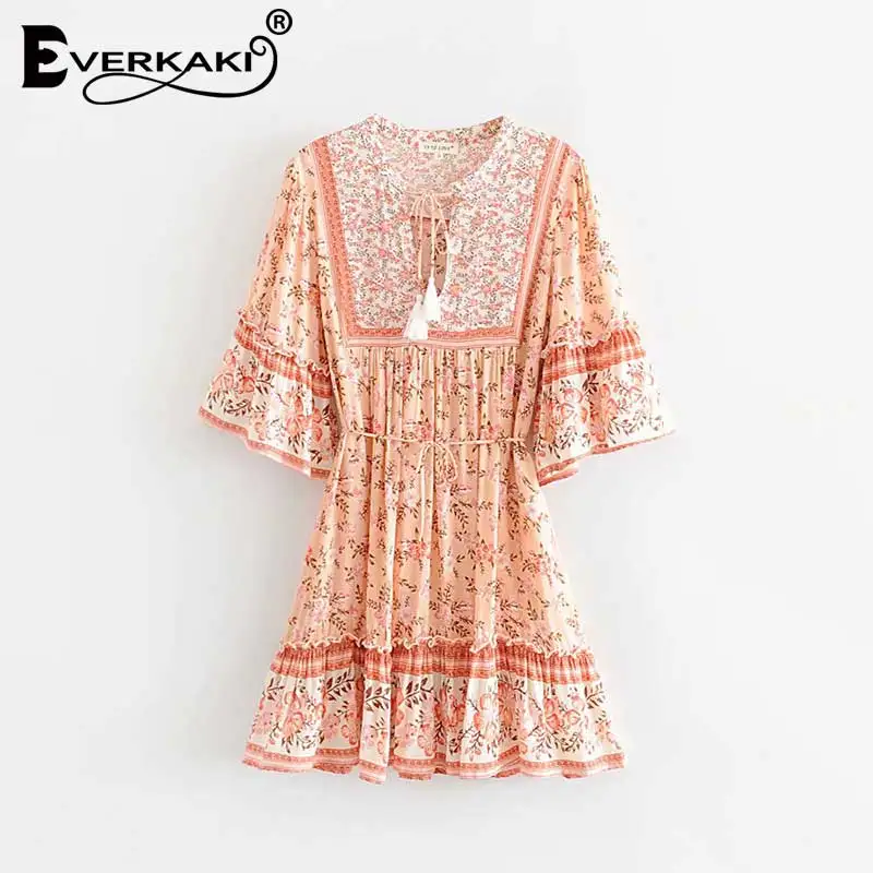 Pink Everkaki богемное мини-платье с цветочным принтом женские пояса с кисточками с v-образным вырезом и коротким рукавом Boho женские платья лето осень - Цвет: Pink