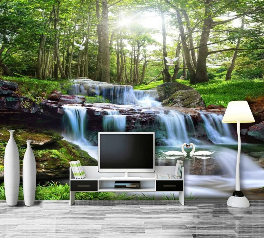 

Free Shipping Flowing Water Wealth Landscape Waterfall Mountain Beautiful Living Room TV Background Wall Custom 3d Mural