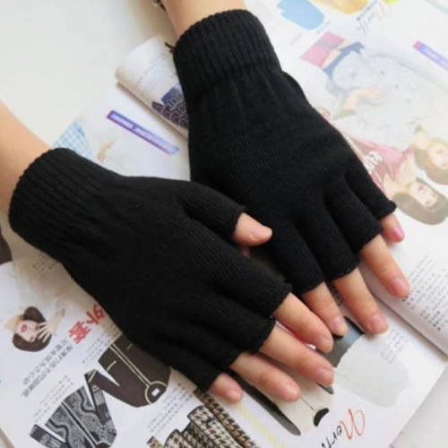 

1 Pair Men Women Fingerless Winter Warmer Mittens Black Stretch Knitted Gloves