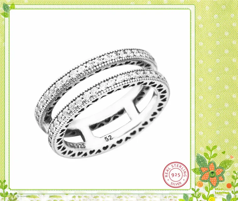 Ручная работа 925 пробы серебряные массивные кольца для женщин Fine Jewelry двойной прозрачный украшенное фианитами линии вырезанные сердца FLR142
