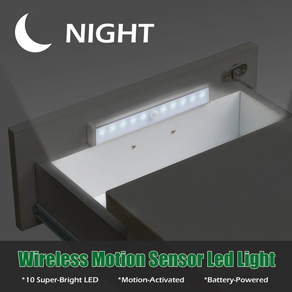 PIR датчик движения 10 LED ночник батарея мощность светодиодная полоса бар настенная