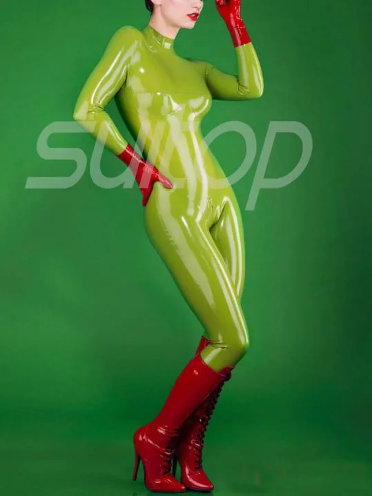 women's rubber latex catsuit (no gloves and feets)(olive green Apple Green Amry Greenlatex)