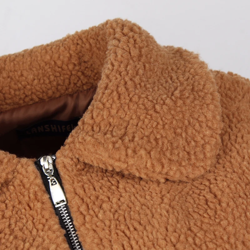 

New Fashion Autumn Winter Solid Lamp Wool Thick Short Coat Long Windproof Sleeve Turn-down Collar Warm Zipper Size Plus 6Q2177