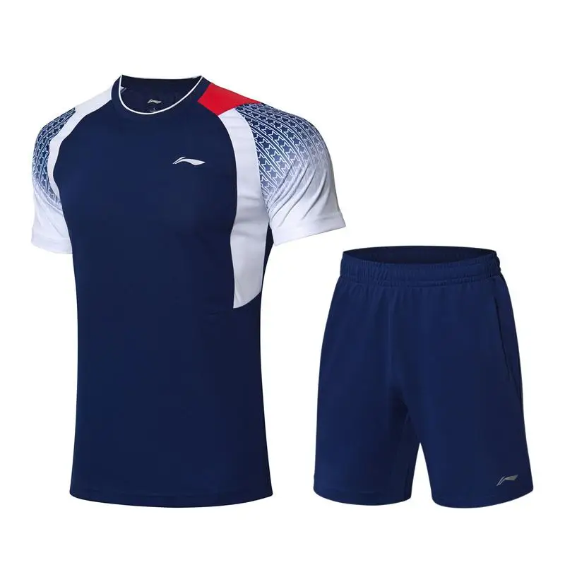 Li-Ning, мужские костюмы для соревнований, бадминтон, футболка+ шорты, комплект, дышащий, на сухой, комфортной подкладке, спортивный костюм, комплекты, AATP019 CAMJ19 - Цвет: AATP019-3H