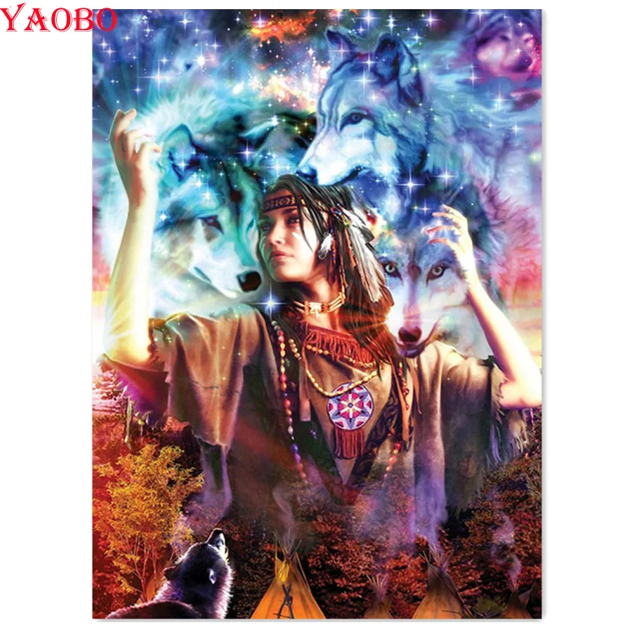 

full 5d Square Round Diamond Painting indian woman and wolf mosaic diy paint with diamonds Embroidery rhinestones decoration