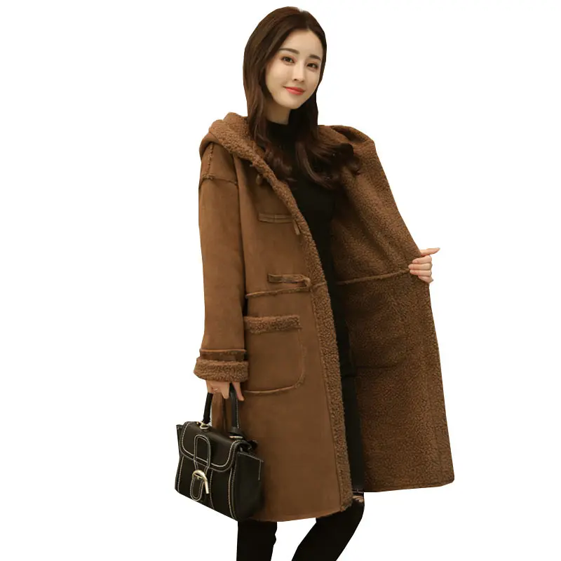Winter Womens Long Thickened Hooded Coat 2017 New Card un warm Lambskin Loose Jacket fashion Brown Female Fleece Overcoat WZ155