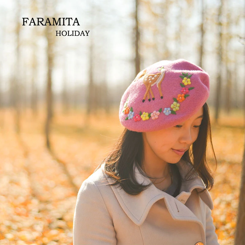 Faramita/Праздничная розовая шерстяная фетровая шапка с цветами и олененком для девочек и женщин, красивая шапка с рисунком леса, вечерние шапки, берет, теплая зимняя шапка