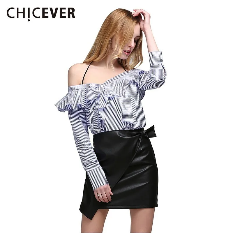 CHICEVER Summer T shirt For Women Striped Print Patchwork Ruffles Slash Neck Halter Loose Female Tops Clothing 2020 Fashion | Женская