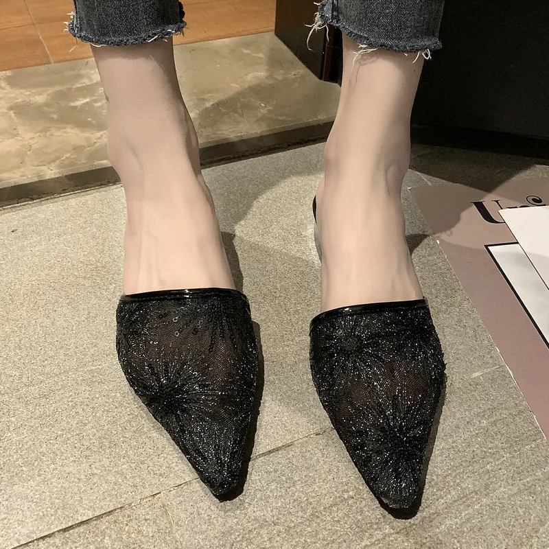 Black Mesh HTUUA/; вышитые шлепанцы с дышащей сеткой; женские шлепанцы с острым носком; шлепанцы на маленьком каблуке; Летняя женская обувь; SX2520 - Цвет: Black Mesh