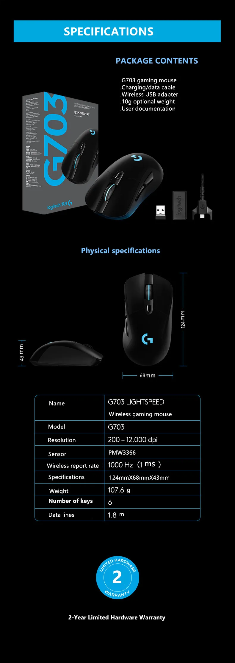 Logitech G703 Беспроводной игровой Мышь с RGB для Мышь геймер 12000 Точек на дюйм PMW3366 Сенсор 2,4 ГГц оптический Мышь