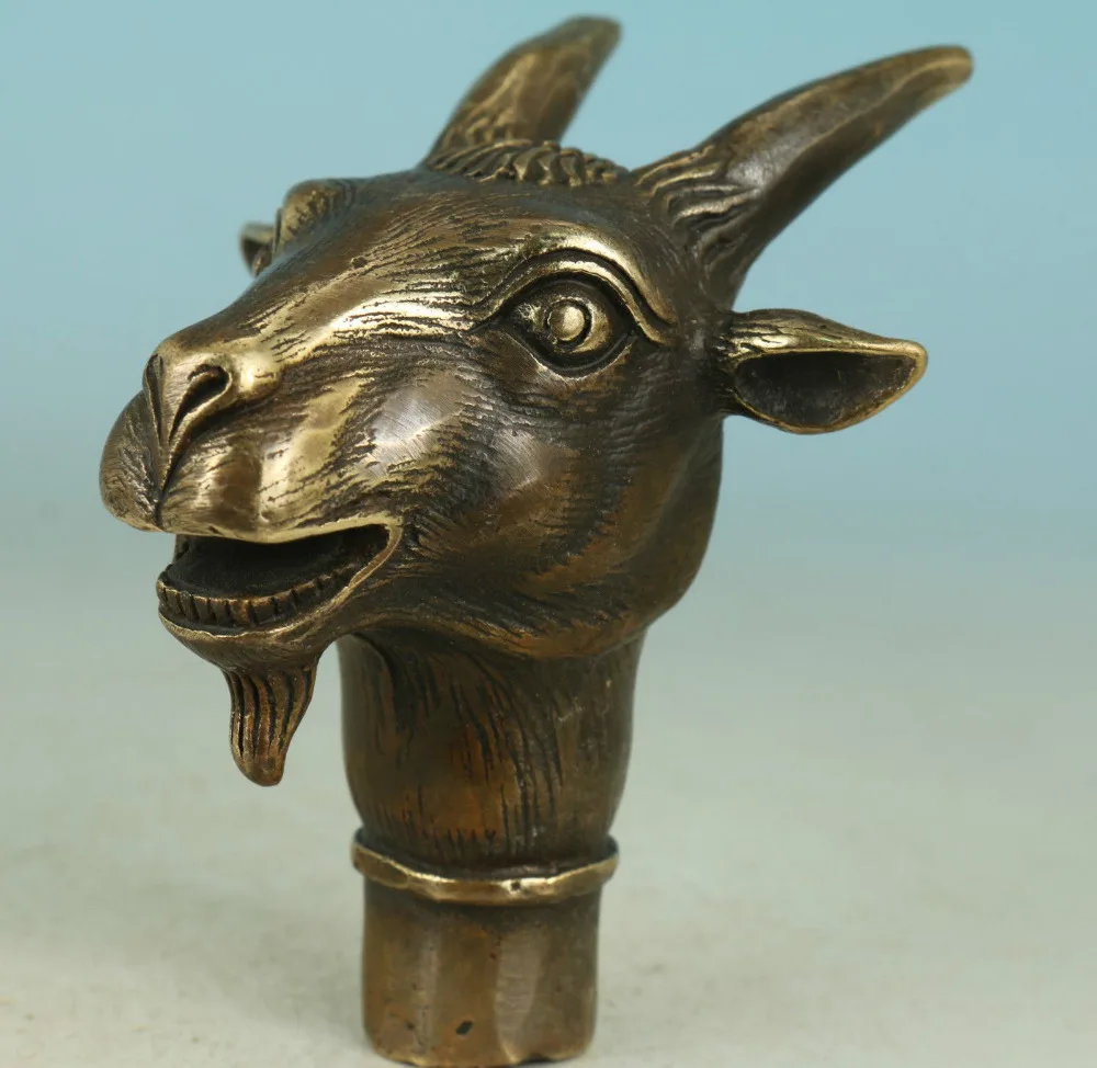 100% brass Pure Copper Brass old Grandpa Good Lucky Walking Stick Head Handmade Carved Sheep Collect Statue | Дом и сад