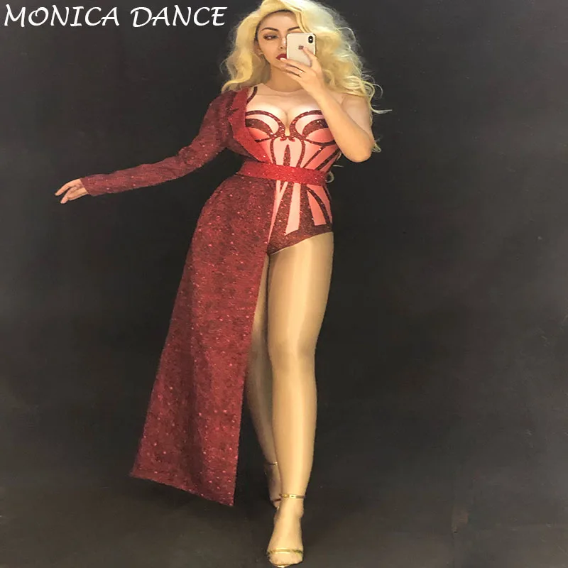 Women Sexy Stage Red Stretch Bodysuit Two Pieces Set Costume Stage Dance Wear Leotard Half Side Long Coat Performance Outfit
