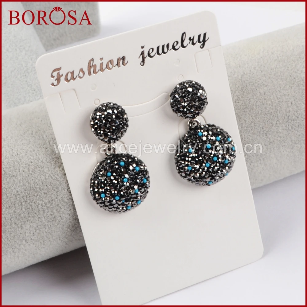BOROSA Silver Color Round Charm Druzy Drop Earrings Handcrafted Rhinestone Pave CZ Dangle Gems Jewelry for Women JAB772 | Украшения и
