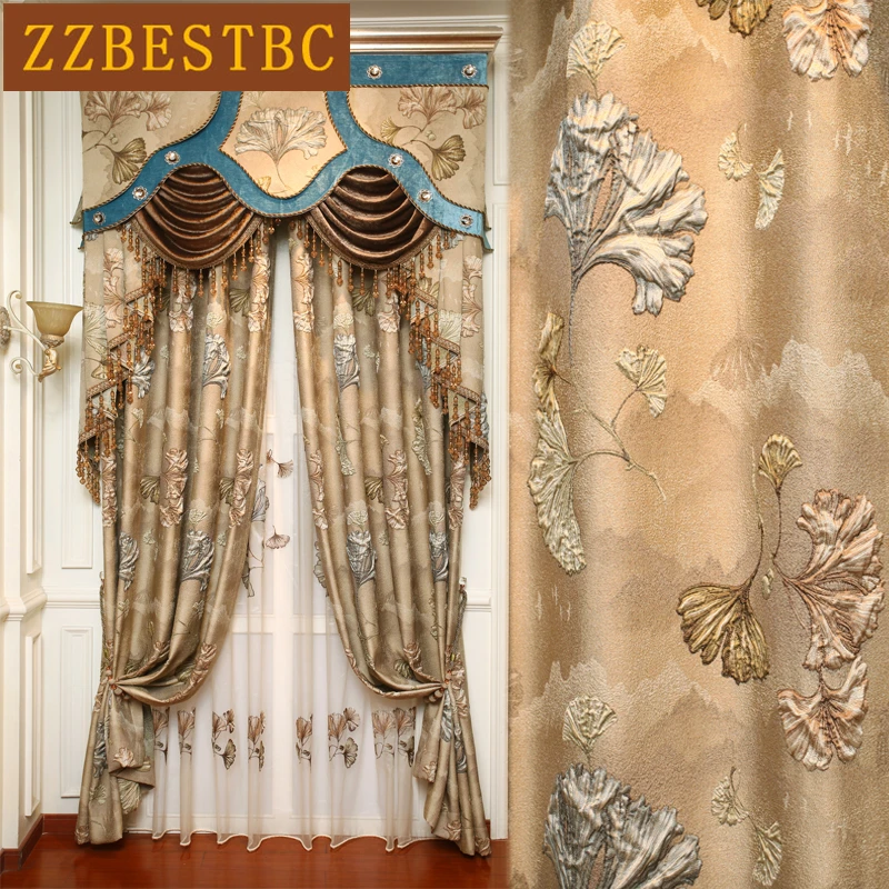 

Brown 4D luxury embossed ginkgo Floral blackout curtains for living room with high quality Voile Curtain for bedroom hotel