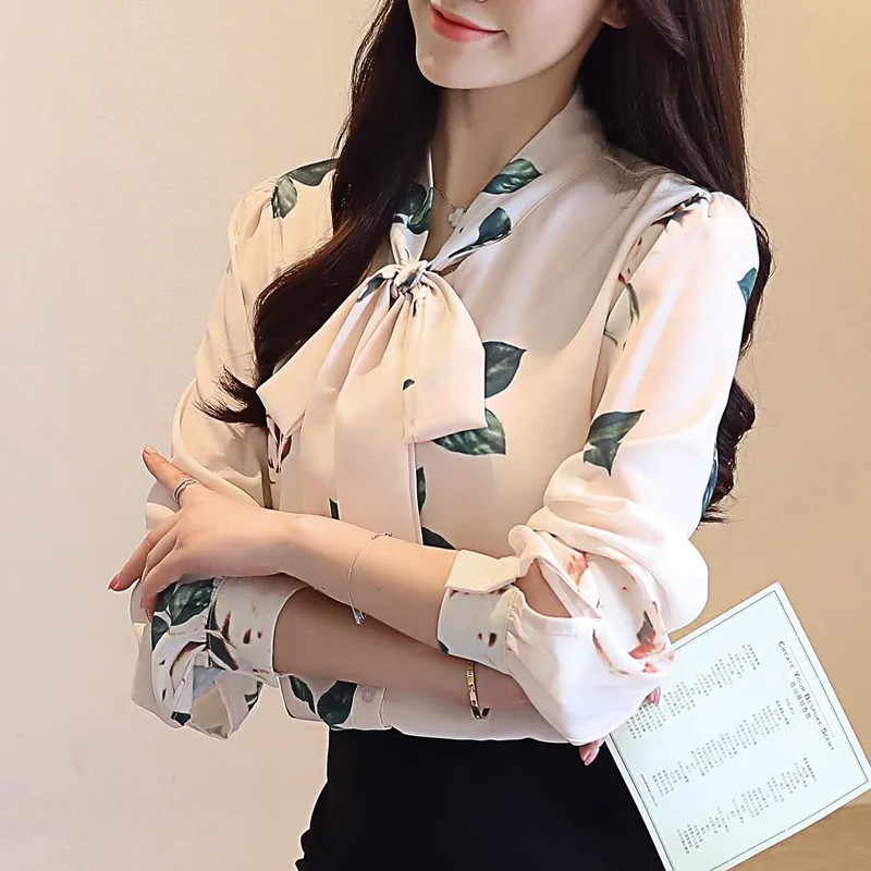 

2018 Spring Summer European American Women Long Sleeve Flower Printed Bow Shirt Soft Chiffon Plus Size 2XL Blouses High Quality