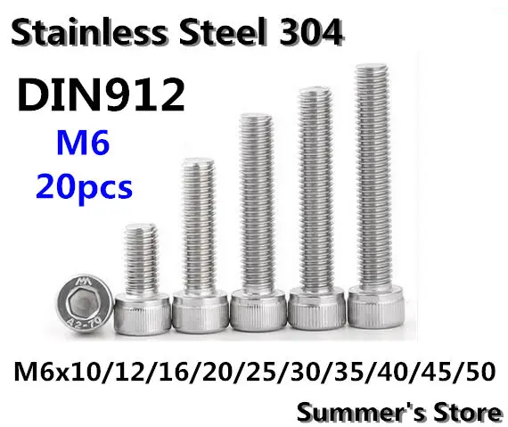 Болты DIN912 с шестигранной головкой 20 шт./лот болты из нержавеющей стали M6 *