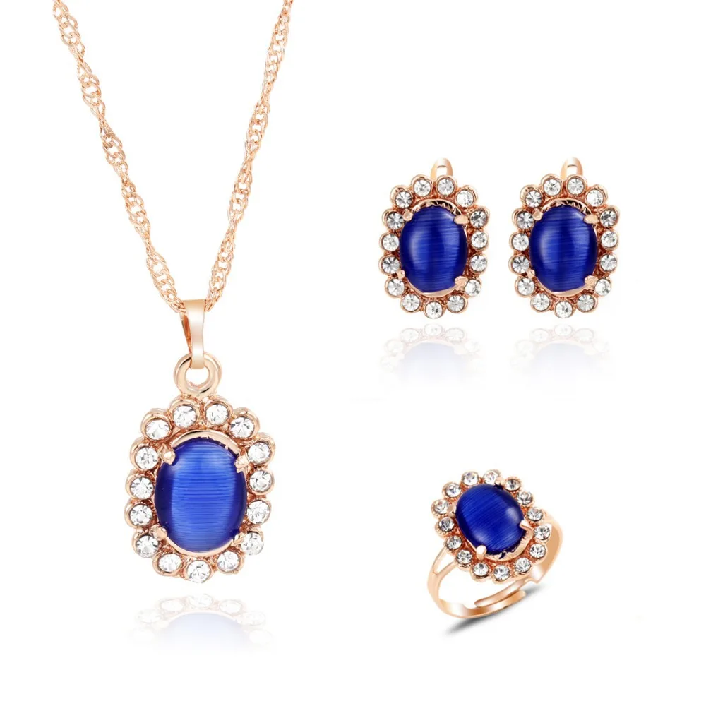 New Wholesale Women Jewelry Set Gold Color Lovely Navy Blue Crystal Flower Earring Necklace Ring 3 Pcs Gift | Украшения и
