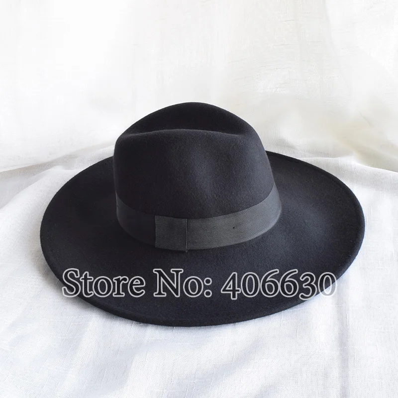 Winter Black Large Brim Wool Felt Fedora Hat For Women Chapeu Sun Beach Panama Hat Free Shipping PWFR001