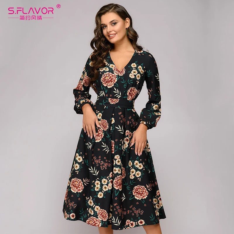 S.FLAVOR Women Printing V neck A line Dress Elegant Long Sleeve Spring Summer Vintage Midi Vestidos|Женские платья| |
