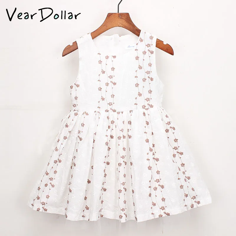 

Veardoller Girls Dress 2019 New Summer Cute Cerw Neck Flora Embroidery Kids Dress Baby Girls Solid Sleeveless Princess Dress