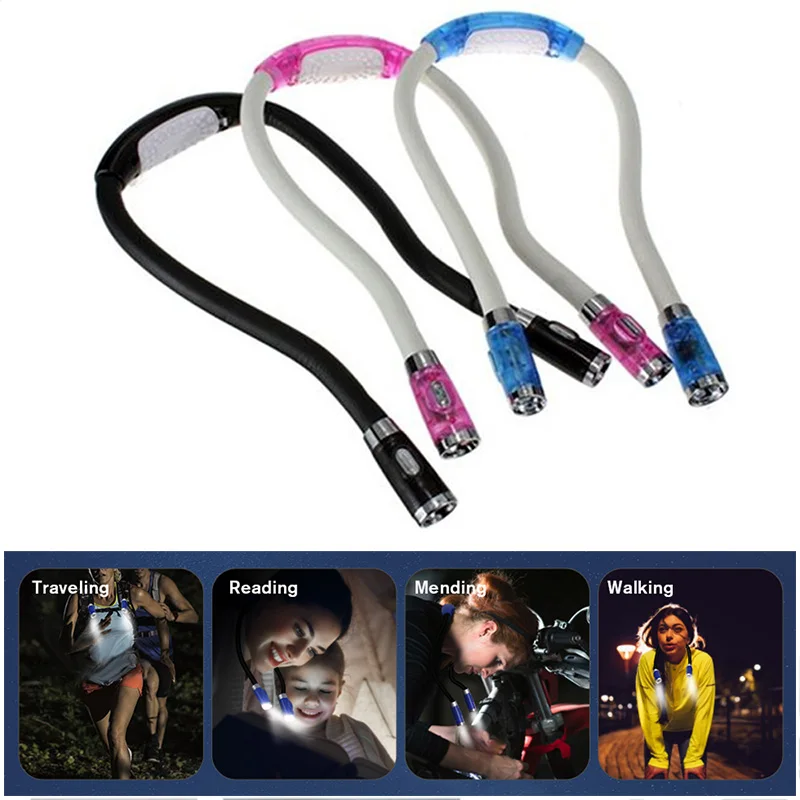 Portable 4LED Book Light Bright Neck Hug Reading Lamp Flashlight 3 Mode Soft Silicone Night Lights For Outdoor Camping BBQ | Лампы и