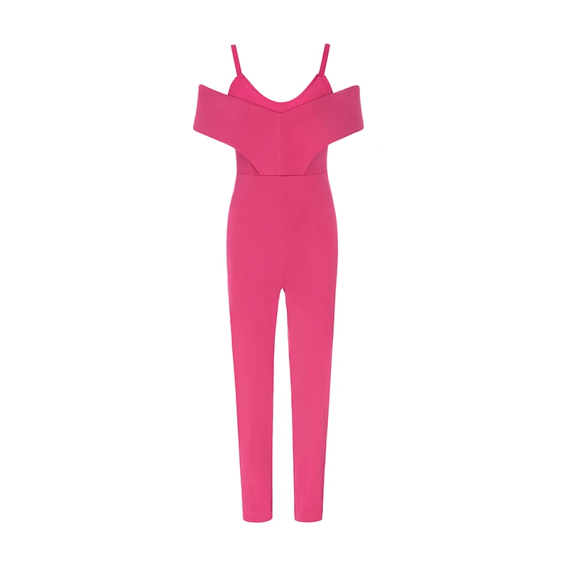 

2021 Fashion Sexy Rose Red Spaghetti Strap Ruffles Summer Women Jumpsuit Backless Party Clubwear Casual Skinny Femme Rompers
