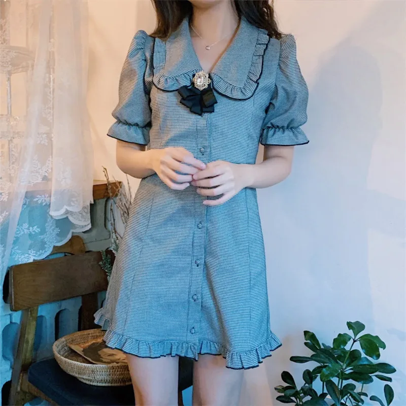 Ретро Французский женский короткий Пышный рукав мини платье милый сладкий Питер