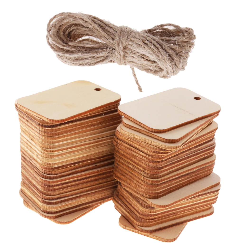 

50 Pieces Wooden Rectangle Craft Shape Tag Embellishment for Craft with Rope