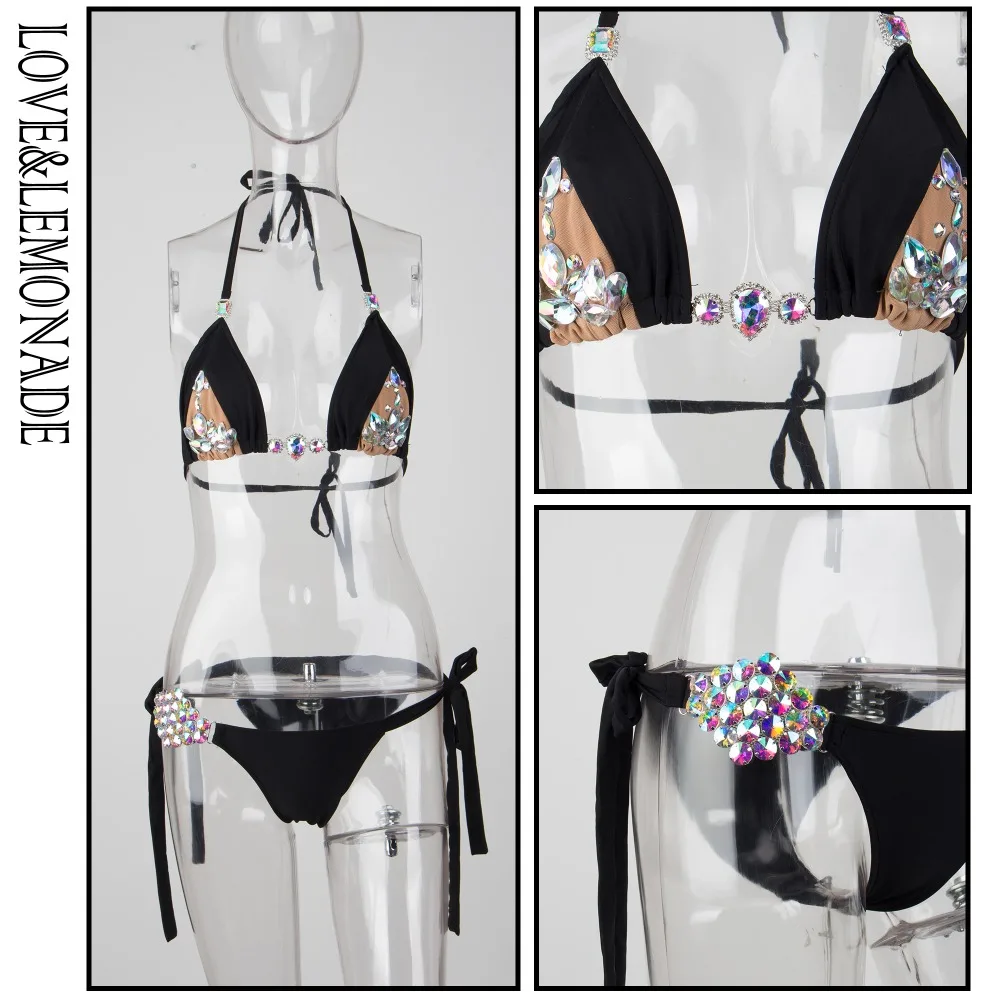 Пляжные комплекты из двух предметов LOVE & LEMONADE черные вышитые цветными бусинами