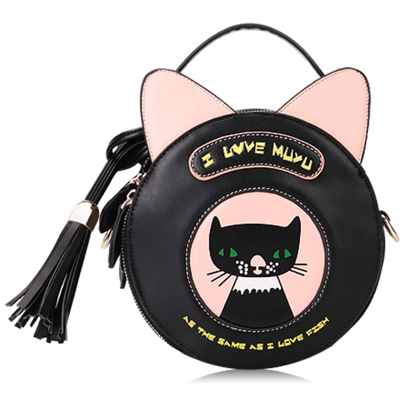 

Women Leather Embroidery Handbags Girl Shoulder Bags Messenger Bag Female Totes Braccialini Style Cartoon Cat Ear Circular Bag