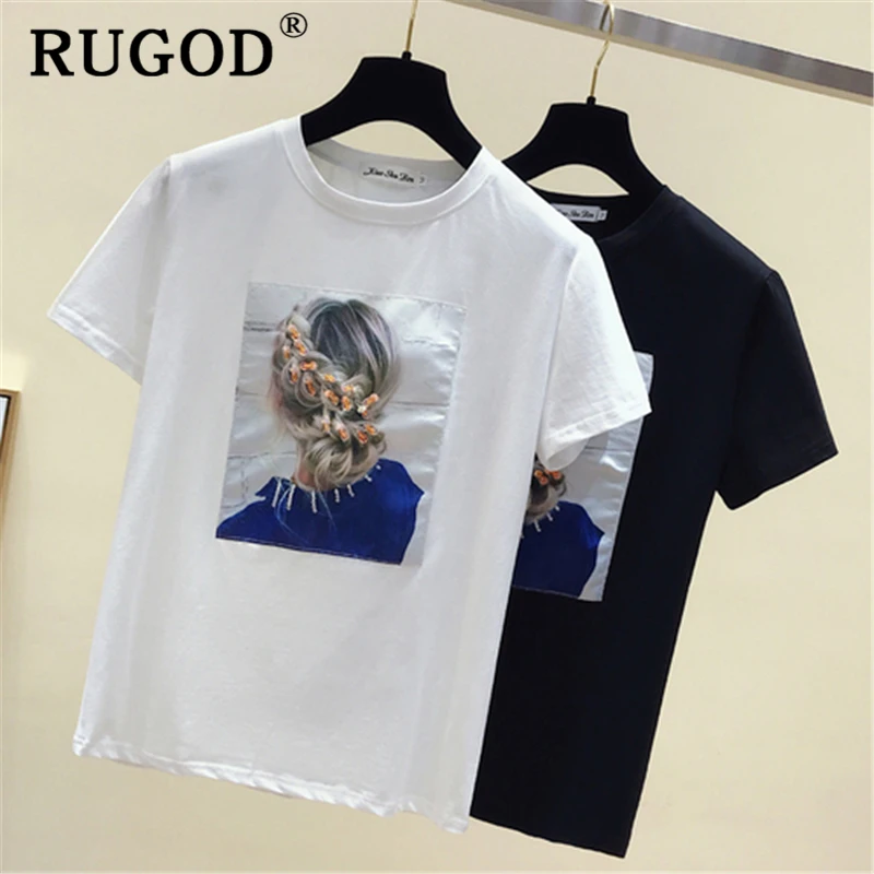 Женская футболка с принтом RUGOD белая свободная круглым вырезом в Корейском стиле