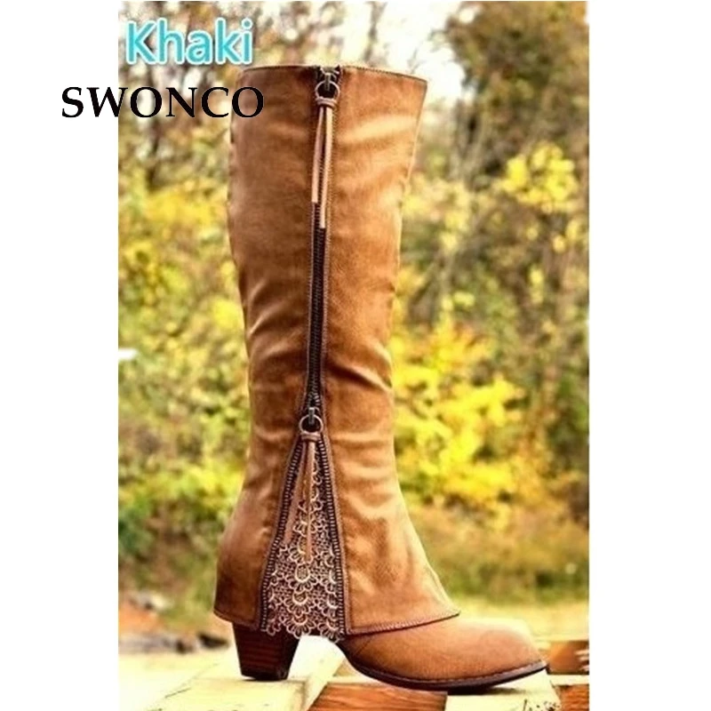 

SWONCO Women's High Boots Plus Size 43 PU Leather Fashion Zipper Ladies Boot Women Autumn Low Heel Knee-high Boots Woman Shoes